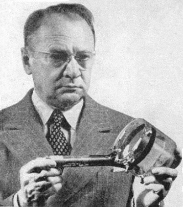Figure 2 — Vladimir Zworykin, Russian-American engineer at RCA, with an iconoscope camera tube, as photographed by Hugo Gernsback for popular publication. Zworykin had studied under Boris Rosing in Russia bef…