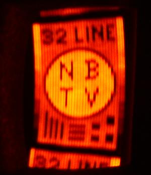 Figure 1 — Screenshot of the NBTV test card as displayed on a 32-line Nipkow-disc monitor, captured in 2007 by NBTVA member Klaas Robers of Valkenswaard, the Netherlands. The test card is the standard referen…