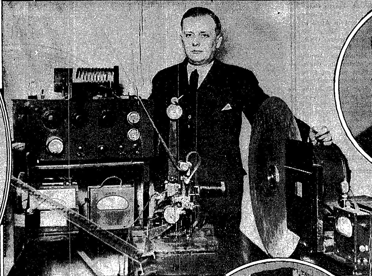 Figure 2 — Dénes von Mihály with his "Telehor" television machine in Berlin, 1929, as photographed by The New York Times. The caption in the original reads: "A Television Machine Developed by Denes von Mihaly…